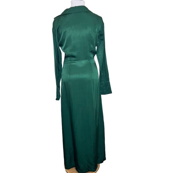 Nicholas Electra Satin Gown 4 Green Long Sleeve Maxi V-Neck A-Line Cocktail Slit - Picture 5 of 15